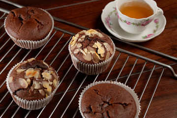 Chocolate muffins Cup of tea Dark table
