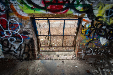 Window surrounded by Grafitti