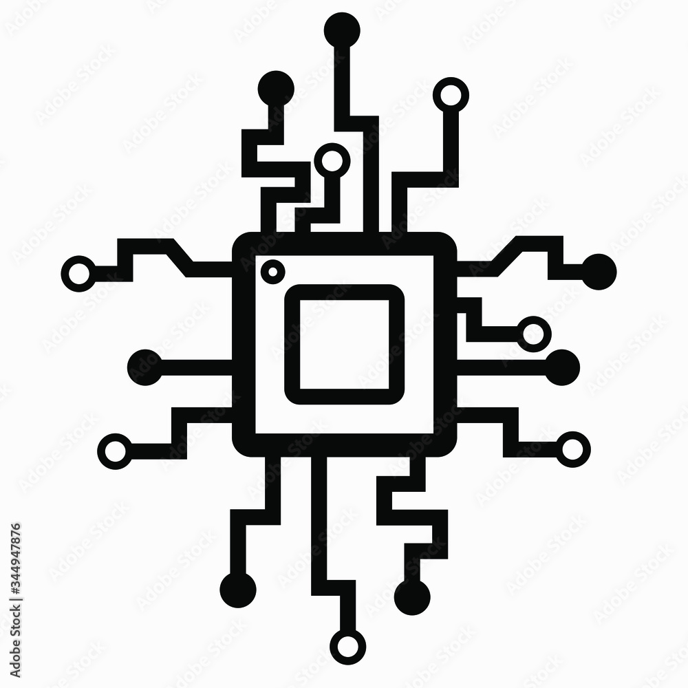 Poster icon processor, cnc, chip, decoder. memory board. video card vector icon.
