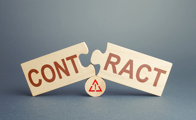 Two disassembled puzzles with word Conflict. Deal cancel. Violation of conditions and rules....