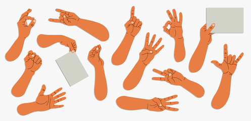 Set of illustrated men's hands. Variety of gestures. Hands counting, holding the paper. Trendy isolated vector illustration set on white. Collection of trendy hands for web design and print.