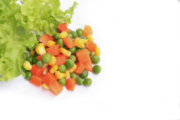 Carrots, corn, peas isolated on white background. This has clipping path.