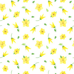 Watercolor seamless floral pattern on white background. Wild yellow flowers with green leaves on white background. Watercolor flowers pattern. Seamless design for printing on textile, fabric, paper