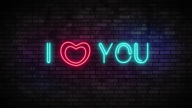 Neon heart and i love you text on brick wall. Night Club Bar Blinking Neon Sign. Motion Animation. Video available in 4K FullHD and HD render footage.