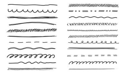 Set of various hand drawn black lines, scribble strokes and underlines as design elements, isolated on white background