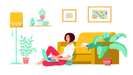 Young woman is sitting near the yellow sofa and working from home with a laptop. Cozy modern living room with sofa, houseplants, lamp, paintings. Woman indoors at remote work. Flat vector illustration