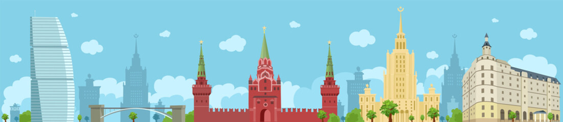 Panorama of Moscow with the Kremlin, the Stalinist skyscraper, a hotel. Sights of Moscow. Vector flat illustration