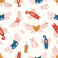 Vector seamless pattern design. Cute and funny cats isolated on the white background. Trendy animals in caps and glasses. Creative childish pink texture. Great for fabric, textile.