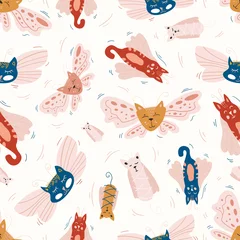 Foto op Canvas Vector seamless pattern design. Cute and funny cats isolated on the white background. Trendy animals in caps and glasses. Creative childish pink texture. Great for fabric, textile. © KozyPlace