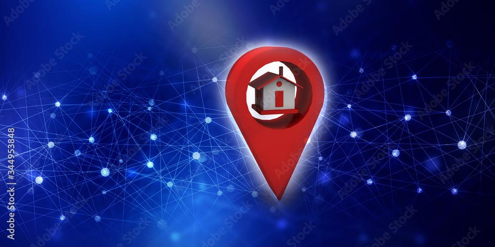 Poster 3d illustration search for property.a map with large red gps pointer containing
