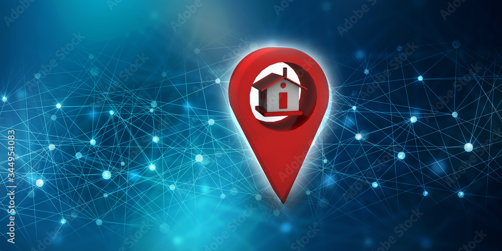 Poster 3d illustration search for property.a map with large red gps pointer containing