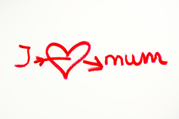 Muttertagsgruß, Symbol I love mum mit Lippenstift gemalt