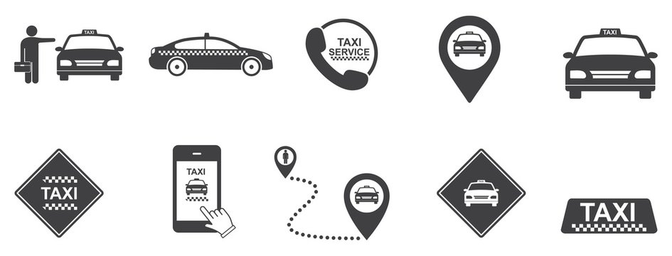 Taxi service vector icon set. Taxi service delivery, Taxi map pointer, taxi signs. Taxi app, vector illustration