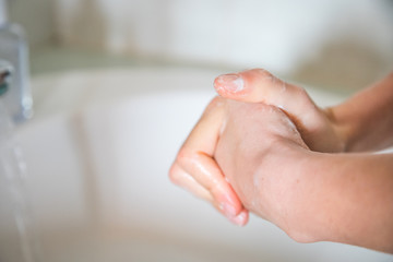Obraz na płótnie Canvas Washing hands rubbing with soap man for corona virus prevention, hygiene to stop spreading coronavirus.