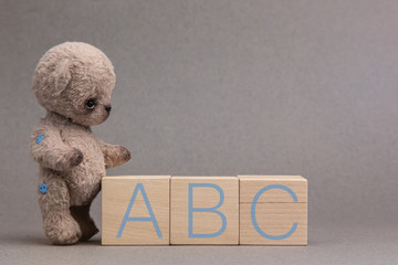 Toy teddy bear on a brown background with wooden cubes with the inscription ABC