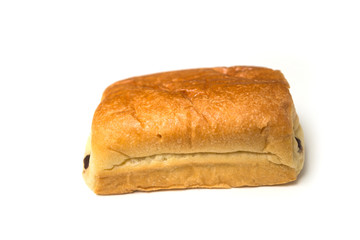 Closeup of french chocolatine on white background