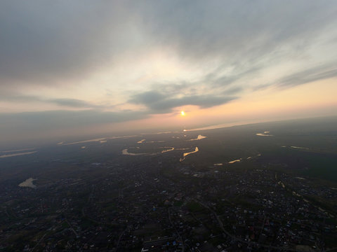 Aerial view of the saburb landscape (drone image). Near Kiev.  Sunset time.
