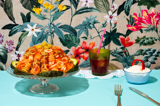 Food and drink served on table