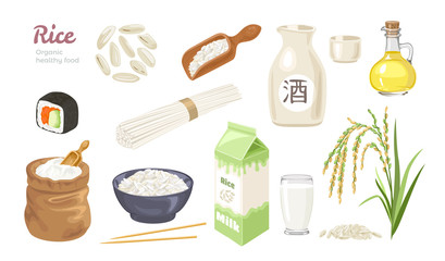 Rice set. Grains icons, bag with flour, ear, cooked rice in bowl, sushi roll, bottle with oil or vinegar, sake, milk in box and glass, noodles, rice in wooden scoop. Cartoon flat vector illustration. 