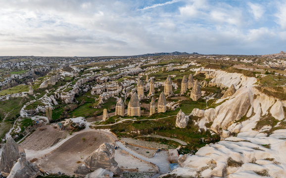 Beautiful unusual rocky landscape of the area in Cappadocia. The mountains are like mushrooms