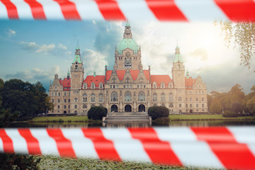 Obraz premium Closed old Hannover town hall. View with warning tape