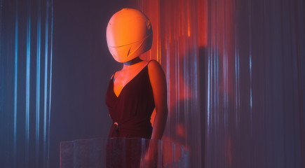 Woman wearing helmet standing indoors