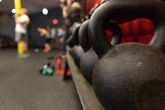 Working out in a gym.