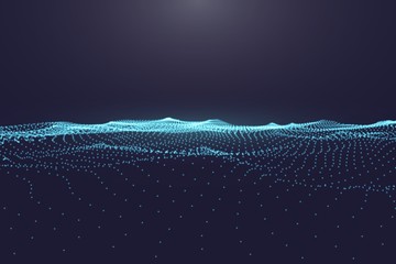 Abstract digital ocean with flowing particles and upper light. Cyber or technology background.Vector illustration