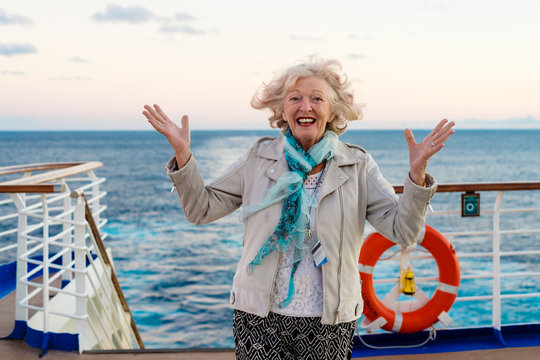 Crazy Fun Happy Senior Woman On A Cruise Ship