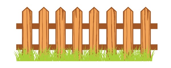 wooden fence with grass vector illustration, brown fence isolated on white background