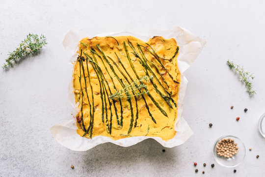Vegan quiche with wild asparagus