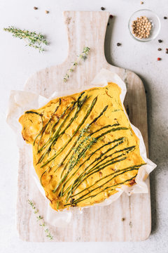 Vegan quiche with wild asparagus