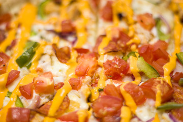 The pizza surface, closeup top view