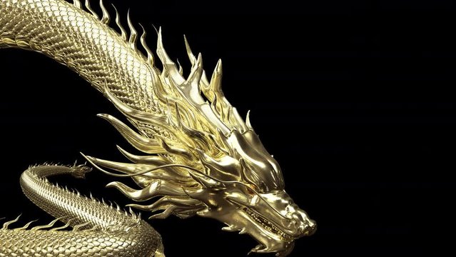 3D animation Gold Chinese dragon move slow down to target on the floor with 3d rendering animation include alpha path.
