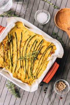Vegan quiche with wild asparagus