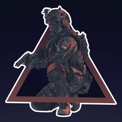 Vector Policeman Tactical Shoot Illustration. Armed police military preparing to shoot with automatic Gun.