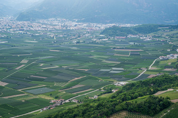 View of Bolzano and the surrounding villages of the high mountain hiking trail in Appiano in...