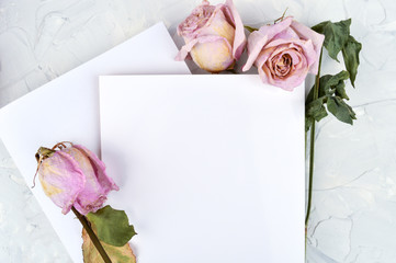 Vintage mockup. Dry rose flowers and white sheets of paper top view. Mothers day. Background. 