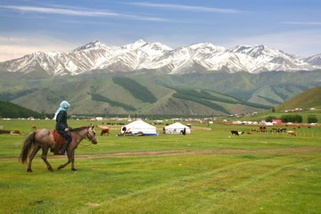 ride a horse in a large meadow at   Naryn of Kyrgyzstan - 344964629