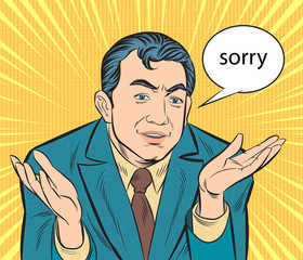 Businessman raised hands, he said sorry. Pop art retro illustration comic style vector, Separate images of people from the background.