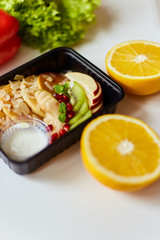 Delivery of finished meals. Plastic breakfast box