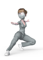 nurse cartoon doing a combat fighter pose in white background
