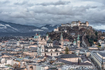 City skyline of Salzburg old town skyline with view of Hohensalzburg Fortress