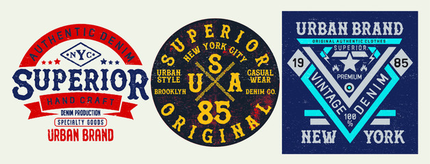 Vector illustration on the theme of denim, raw and jeans in New York City. Vintage design. Grunge background. Typography, t-shirt graphics, print, poster, banner, flyer, postcard.