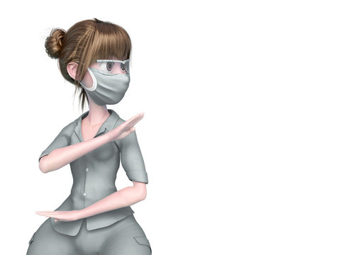 nurse cartoon doing a combat fighter pose in white background with copy space