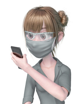 nurse cartoon is holding a cellphone and reading the news in white background