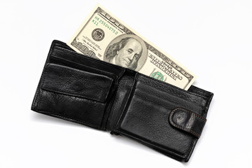 one hundred dollar bill in a black men's wallet on a white background