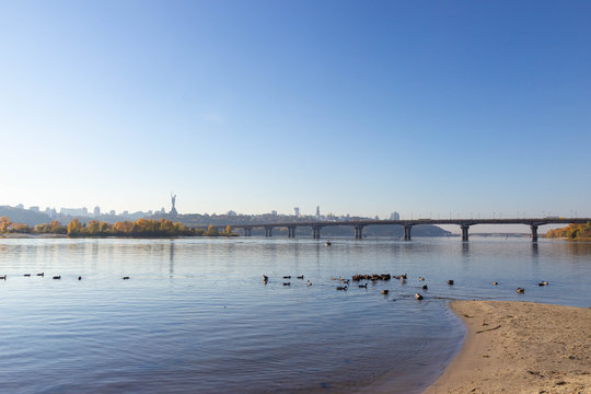 view towards the right bank of Dnieper river From Dniprovska Embankment, Kyiv
