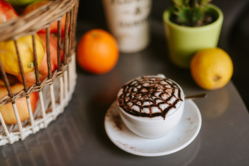 Close up of espresso coffee with foam on the table