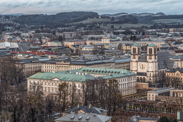 Mirabell Palace and St. Andrew Parish Church in Salzburg Austria in winter